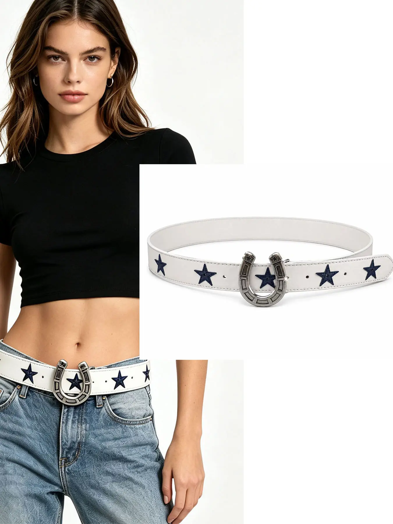 PU Western Cowboy Belt, Horseshoe Buckle Navy Star Embroidery, Unisex Y2K Retro Jeans Strap, Casual Geometric Design