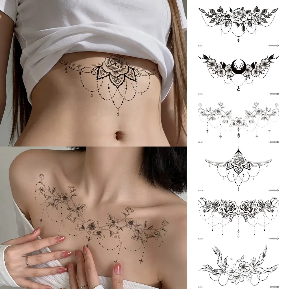 and Floral Waist Tattoo Sticker, Rose Crescent Long Design, Sexy Scar Covering Patch for Women, Chest and Abdomen, Temporary Tattoo Stickers