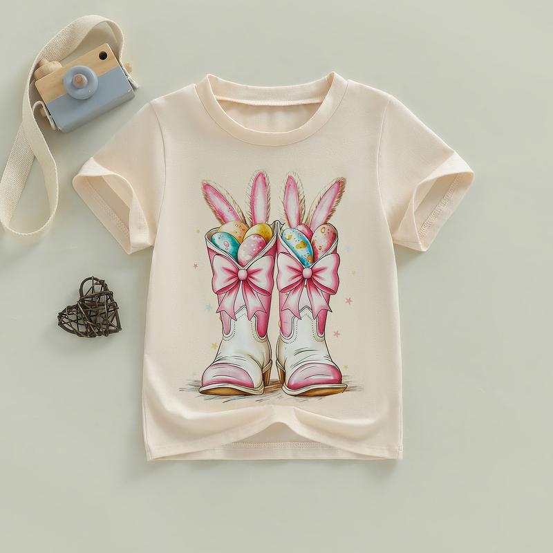 PYBCVRRD Kids Baby Little Girls Easter Shirts Short Sleeve Crew Neck Bunny Ears Boots Print Casual Summer Tops T shirt 1-6 Years