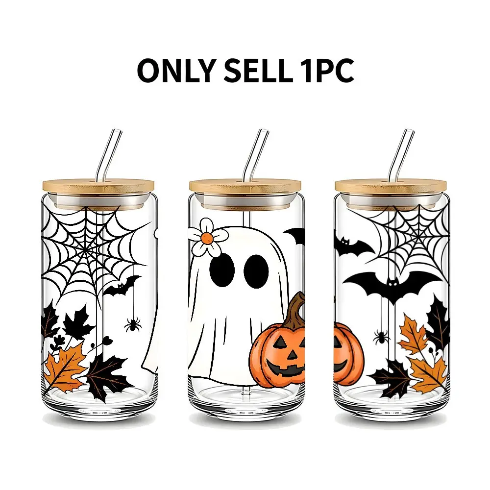 Halloween Ghost Pumpkin 16oz Glass Can Cup with Lid and Straw, Reusable Glass Drinking Cup, High-Quality Glass Jar for Iced Coffee, Latte, Juice, Cold Drinks, Cute Spooky Fall Style Glassware, Perfect Gift for Halloween Lovers, Friend, Family