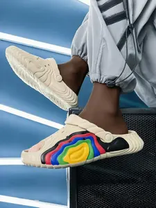 Unisex Rainbow Trendy Slides Color Block Wavy Upper Cozy Lining Lightweight Breathable Dual-wear Anti-slip For Street And Home
