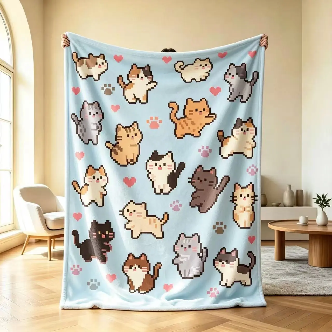 Retro 8 Bit Pixel Cat Flannel Throw Blanket, Light Blue Cute Kitten Paw Heart Print Cozy Soft Blanket, Kawaii Cat Lover Gift for Girls Bedroom Sofa Travel All Season Use Applies to Super soft  decorative sofa/sofa/bedroom