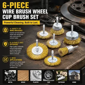 6pcs Brass Wire Brush Heads Set, Professional Power Tool Accessories for Rust Paint Removal, Deburring, Polishing Metal Wood Surfaces, Durable Carbon Steel Cleaning Maintenance Kit for Grinder Drill