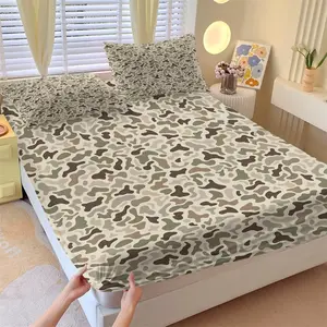 Light Neutral Camo Fitted Sheet Set, 1 Fitted Sheet + 2 Pillowcases, Deep Pocket Non-Slip Mattress Protector, Soft Breathable All Season Bedding, Light Camouflage Bedding For Men Minimalist Bedroom Decor