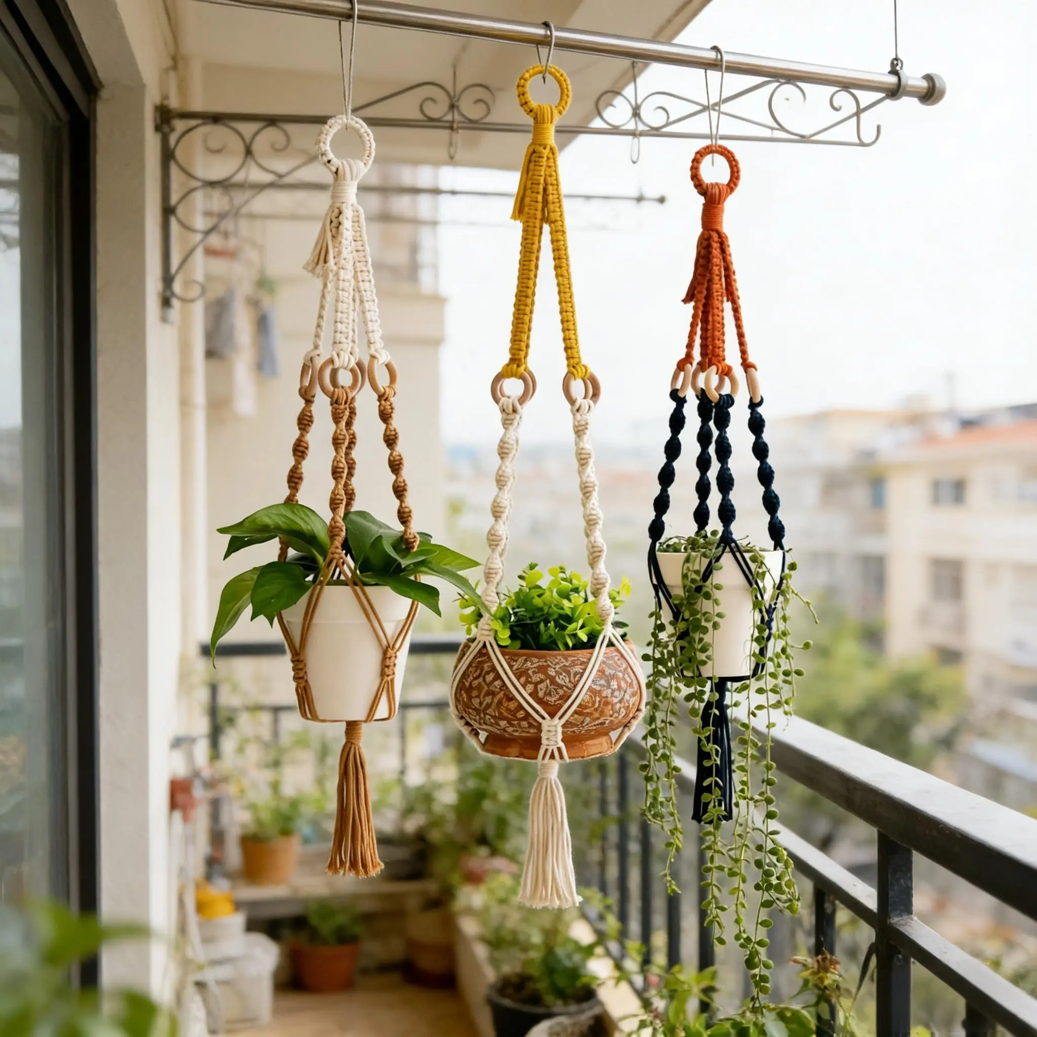 Macrame Plant Hanger, Bohemian Style Indoor Garden Decor, Handwoven Colorblock Fringe Basket, Hanging Rope, Easy Installation, No Pot Included, Versatile