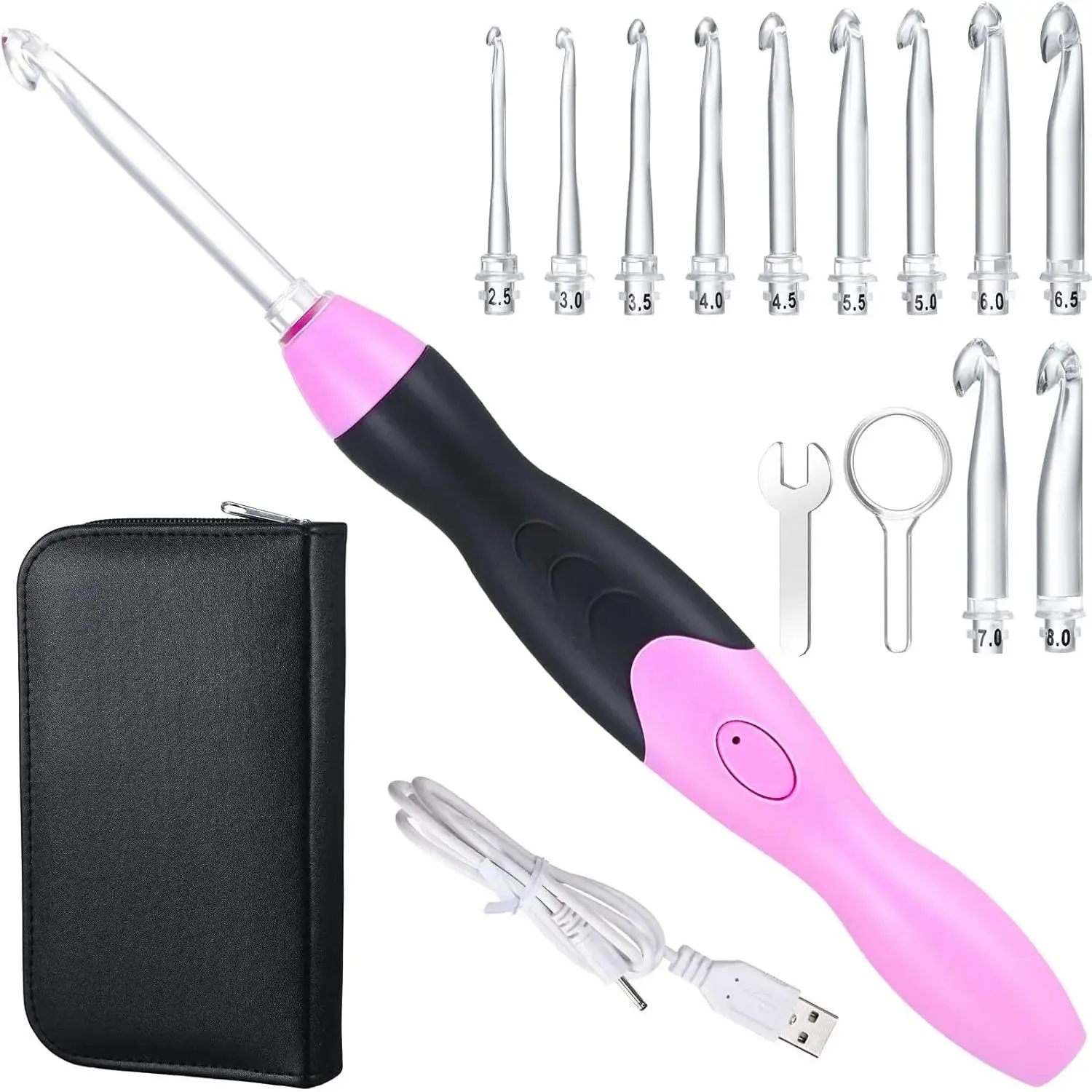 11 Sizes Lighted Crochet Hooks Set Rechargeable Crochet Hook Light Up Hooks with Case, Interchangeable Heads 2.5 mm to 8 mm for DIY Craft Supplies(-Black)