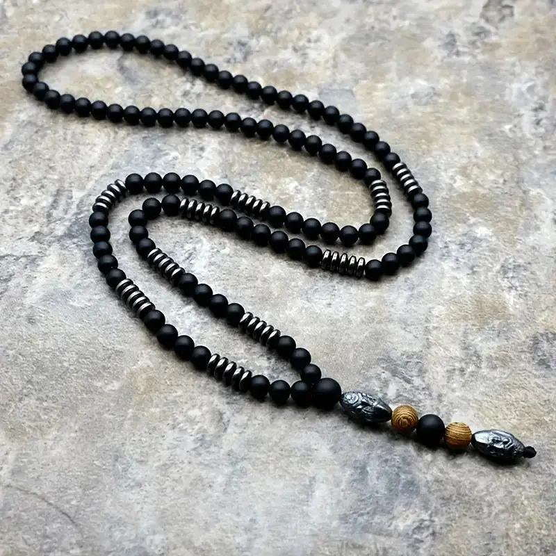 New Design 6MM Black Matte Stone Beads Necklace Men's Black Hematite Old Man Head Pendant for Men's Jewelry Unique Accessory