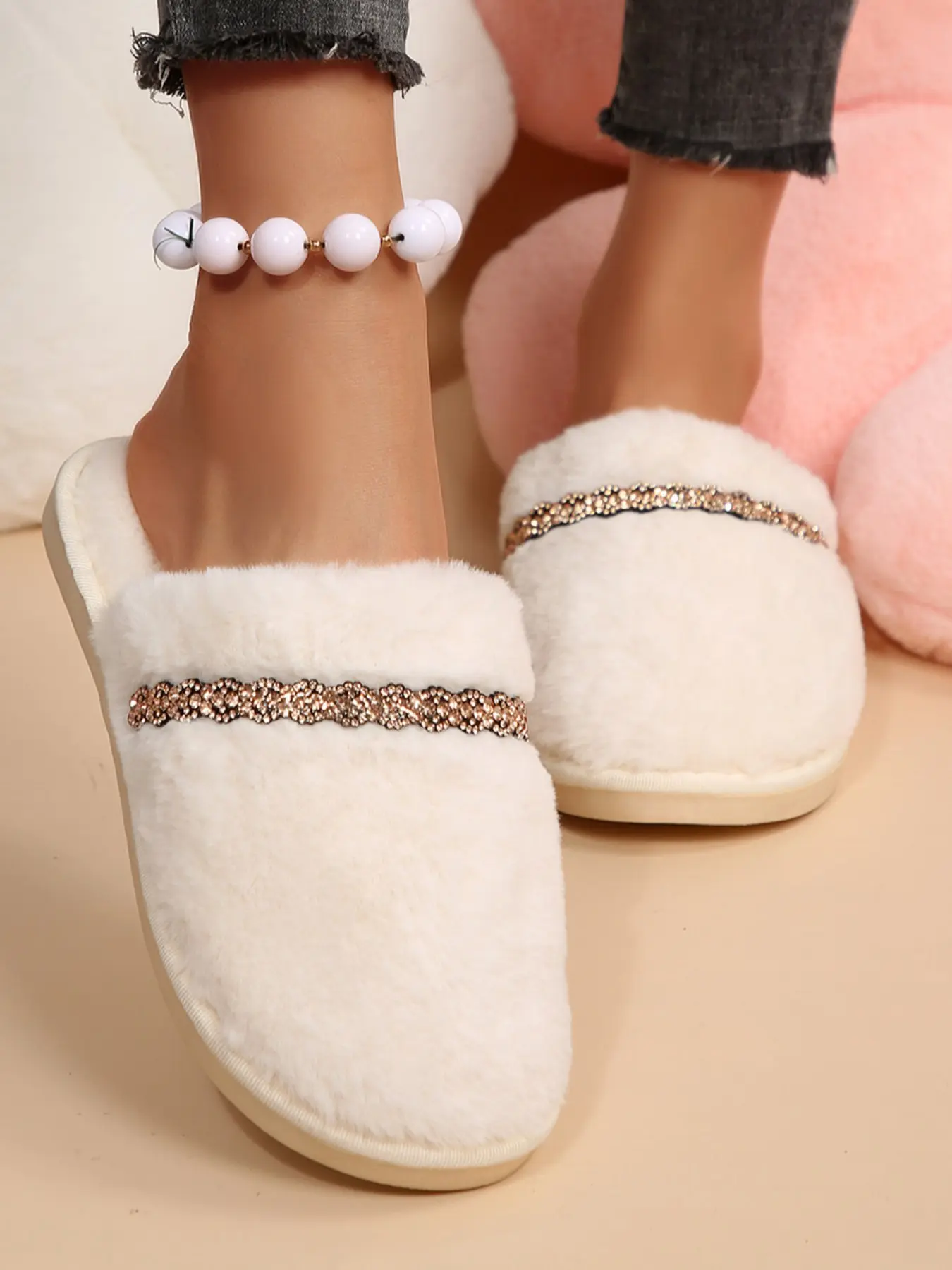 Navy Soft Foggy Fuzzy Upper Slippers, Closed Toe Mule Half Heel Design, Champagne Gold Rhinestone Trim, Flat Non-Slip Sole, Fall Winter Home Warmth