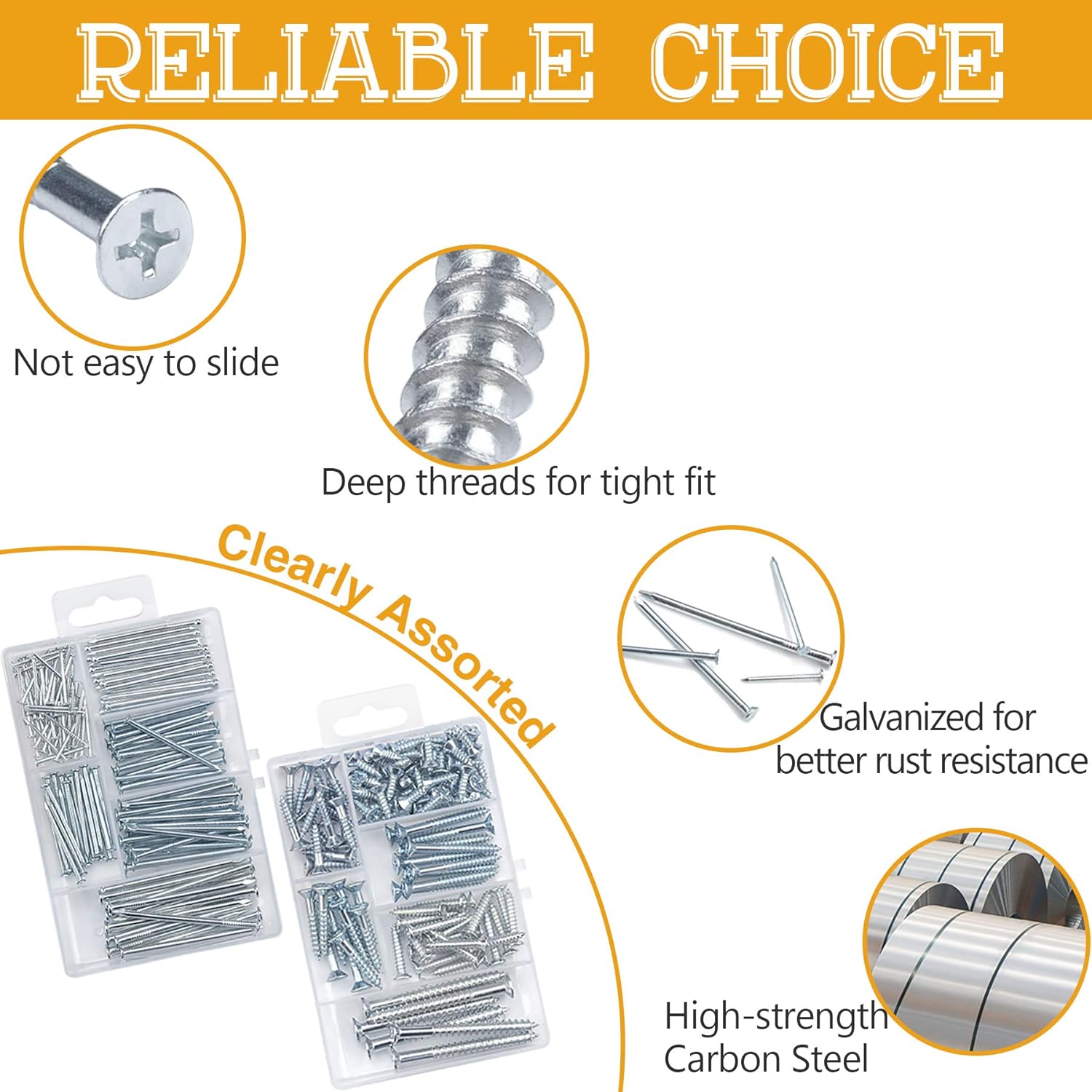 Nails and  Screws Assorted Kit 256 count - 110  Flat  Screws, 146 Picture  Nails, 6 Sizes Small Screws Assortment With Organizer Box