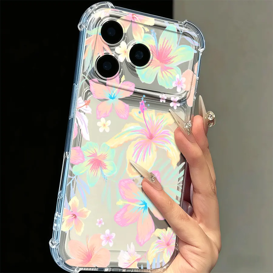 Cute Floral Print Clear 4-Corner Airbag Phone Case for iPhone 17 Pro Max Women Girls – Aesthetic Shockproof TPU Bumper Cove