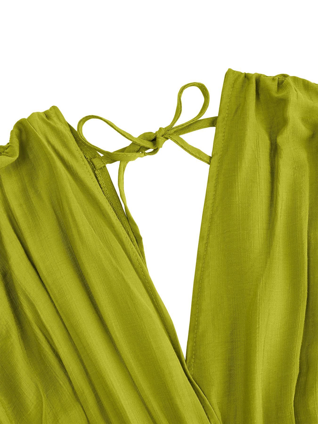 Aliling Elegant Women Dress Waist Shirred Knit Long Dresses V Neck Short Sleeve Slim Fitted Solid Female Bodycon Casual Daily Wear Clothing