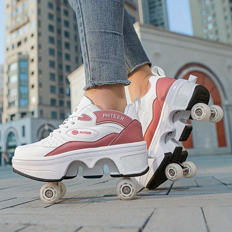 PHTEER 4-Wheel Roller Skates - Stylish Black & White, Lace-Up Design with Four-Wheel Support for Beginners, All-Season Use, Casual & Sports Skating Shoes, Casual Skating Shoes|Stylish Roller Skates|Laceup Skates