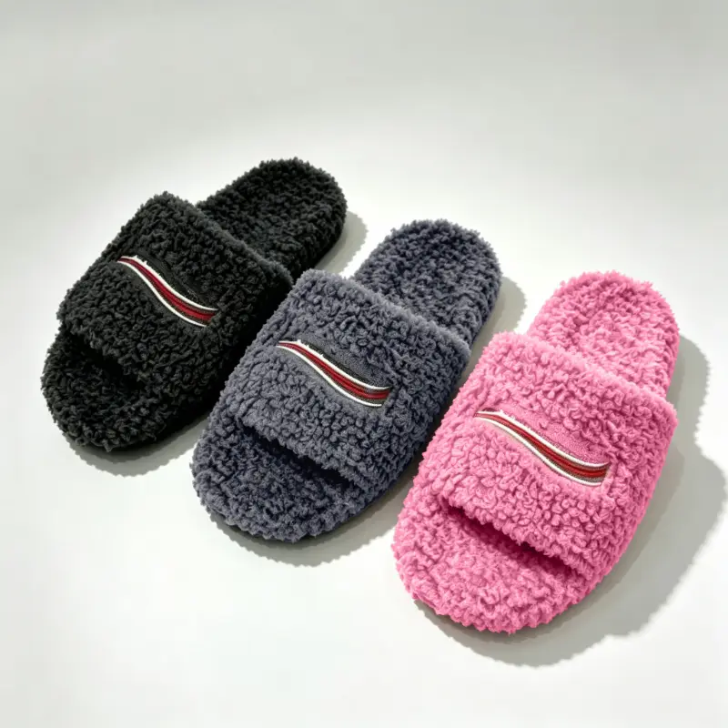 Multi Color Curly Fuzzy Slide Slippers with Striped Embroidery, Cozy Fluffy Open-Toe Plush Slides, Warm Non-Slip Fashion Slippers for Indoor, Bedroom, Home & Casual Outdoor Wear | Sports Slide & Sandals