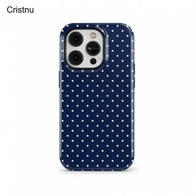Navy Blue Polka Dot Customized TPU Protective Cover Smartphone Accessory - Shockproof, Waterproof, with Camera Protector, Raised Edges, Soft Lightweight, Precise Cuts, Secure Attach for iPhone 11-16 Pro Max, 12 Pro, Samsung Galaxy S25 Multi-Model Devices