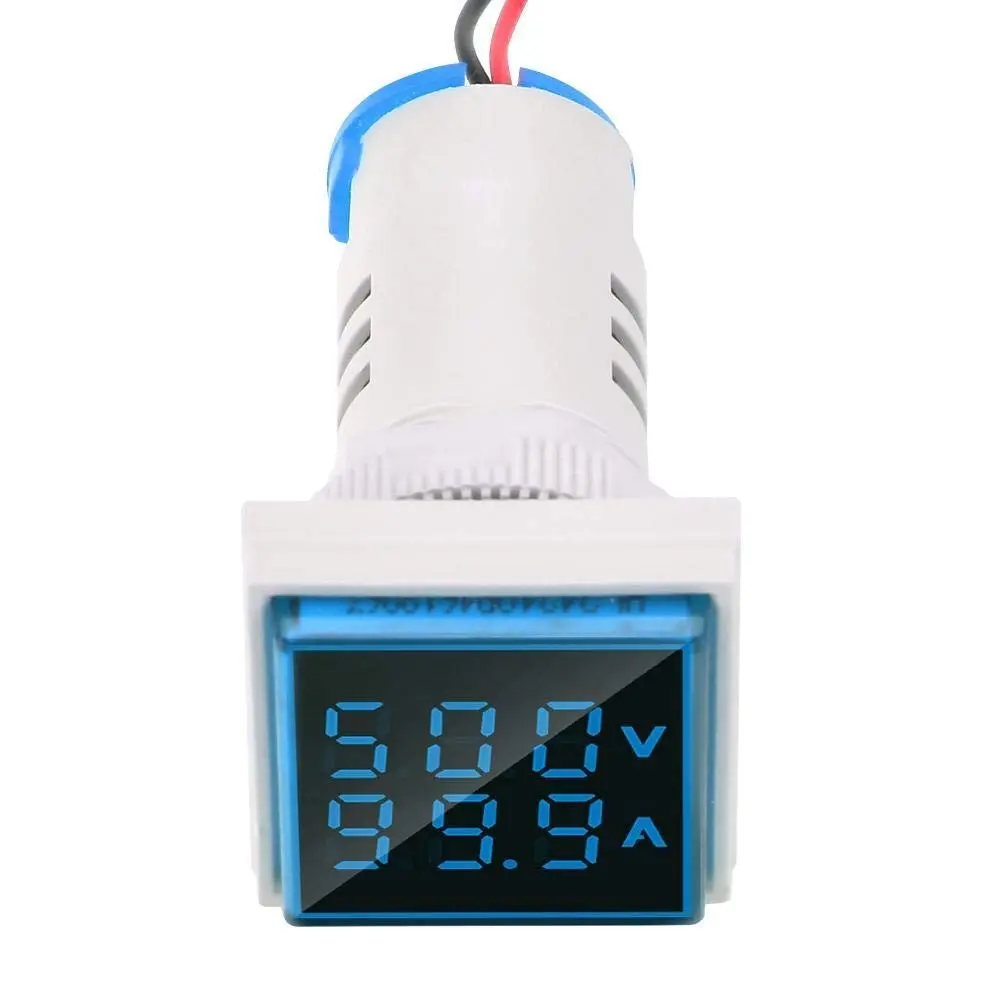 Square 22mm Dual Display LED Voltmeter Ammeter AC Voltage Tester Current Detector 0-100A 60-500V Panel Meter Indicator Blue