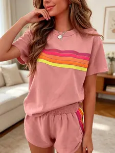Ladies' fashion two-piece set, loose and slimming rainbow stripe design, casual, suitable for daily wear indoors during vacation commuting