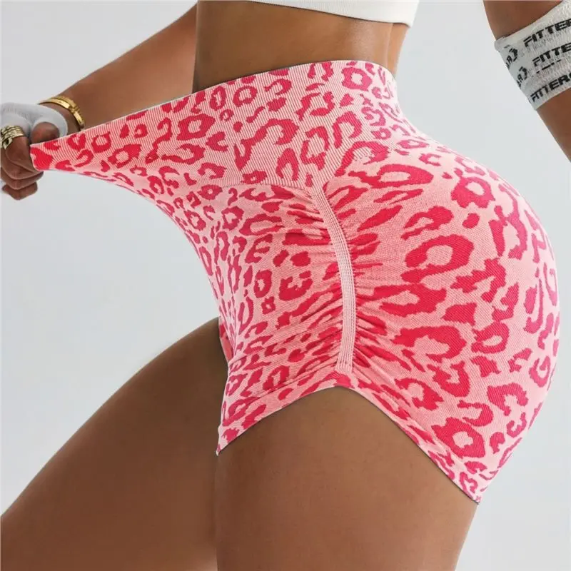 Leopard Print High Waist 3 Inch Yoga Shorts for Women, Seamless Tight Hip Hugging Workout Shorts for European Fitness Running