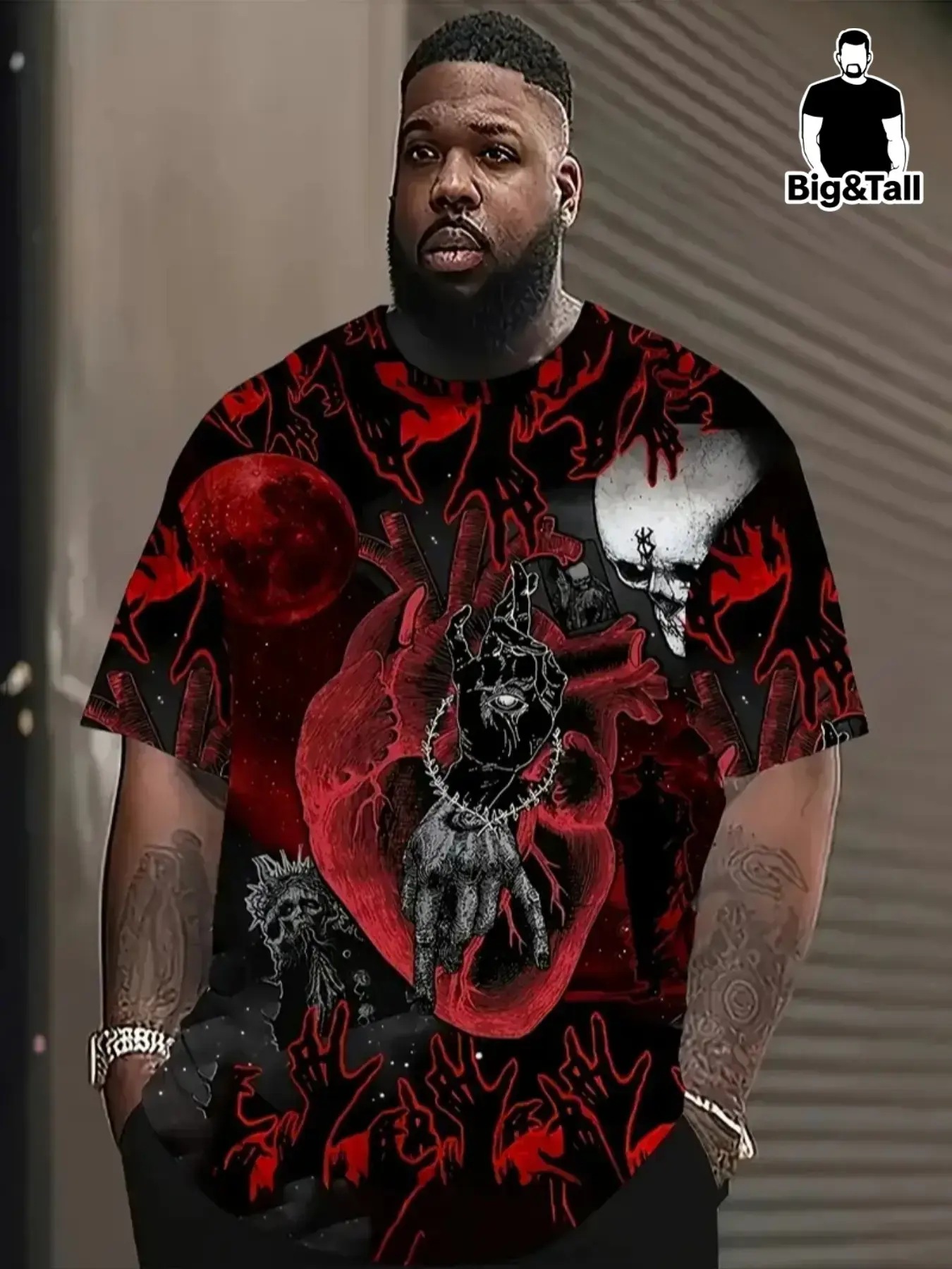 Men's Large 3D Gothic Skull Cross Graphic Print T-Shirt, Tee, Heavy Fabric, Casual Round Neck Crewneck Short Sleeve, Streetwear Party Goth Style, Artwork Tee, Menswear
