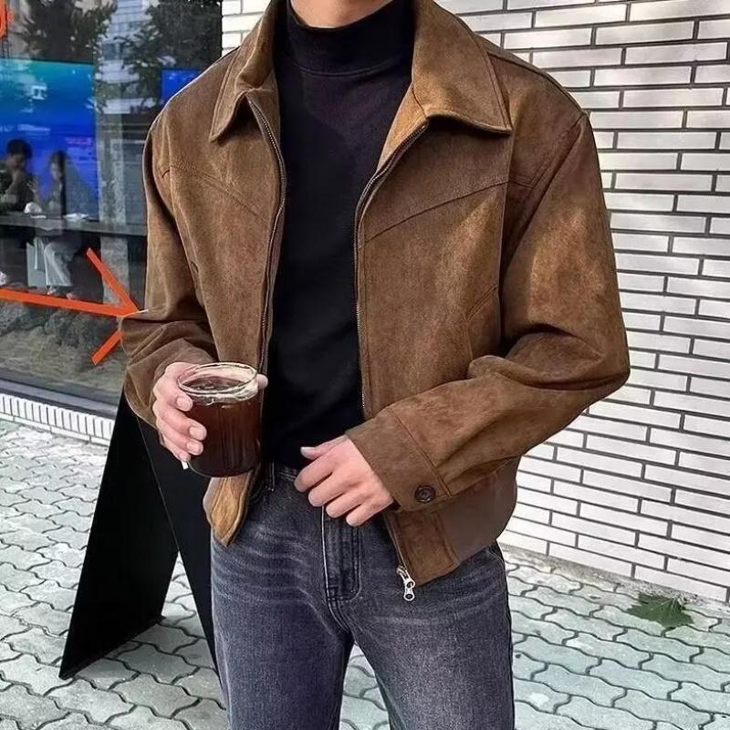 Autumn Winter Korean Style Men's Loose Fit Chamois Leather Flight Jacket Casual Trendy Lapel Zippered Hooded Warm Comfortable Ou