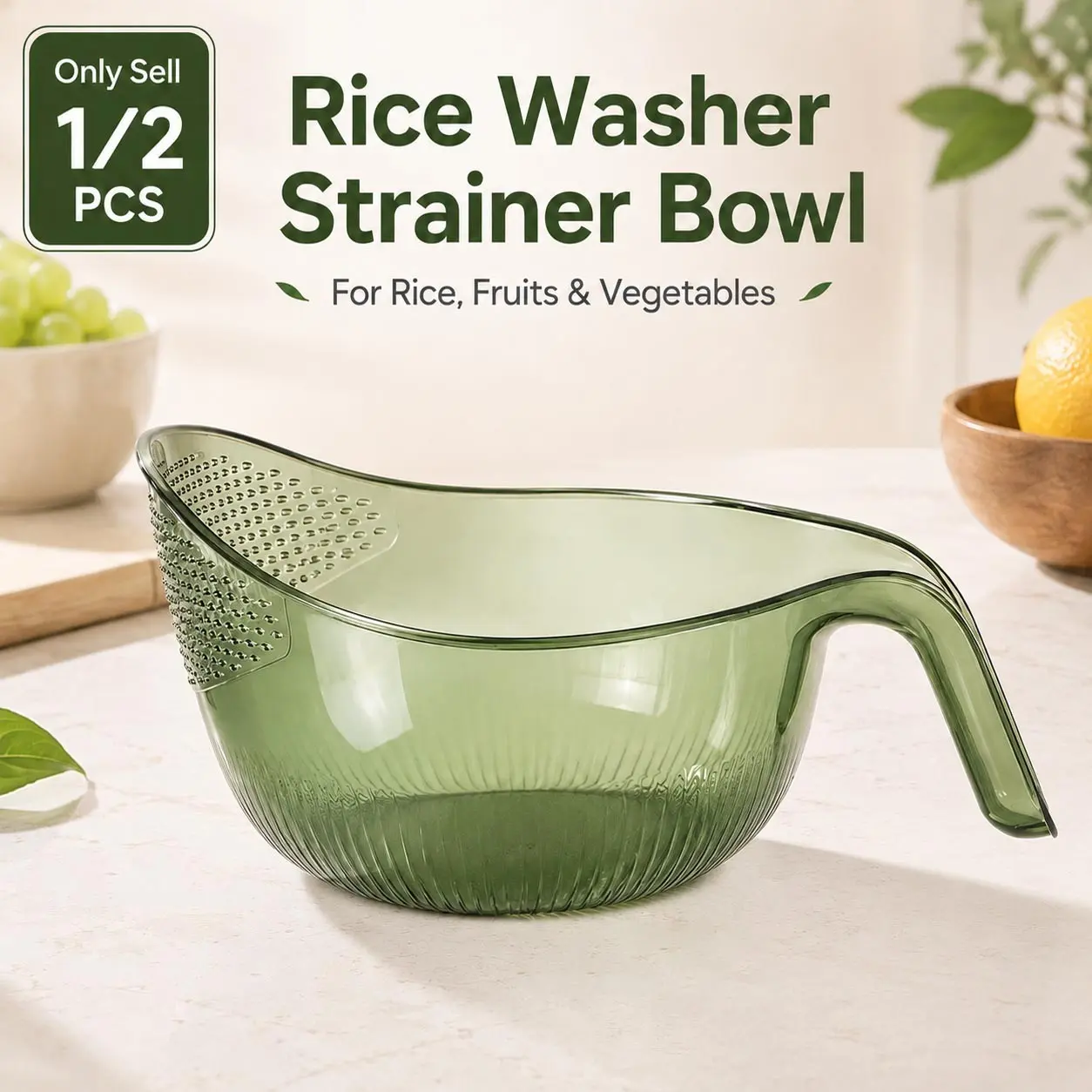 1/2 PCS Rice Washer Strainer Bowl, Multipurpose Rice Washing Bowl Strainer with Handle, Transparent Food Washing Colander with Fine Drain Holes, Large Capacity for Rinsing Rice, Grains, Beans, Fruits and Vegetables, Kitchen Food Prep Accessories