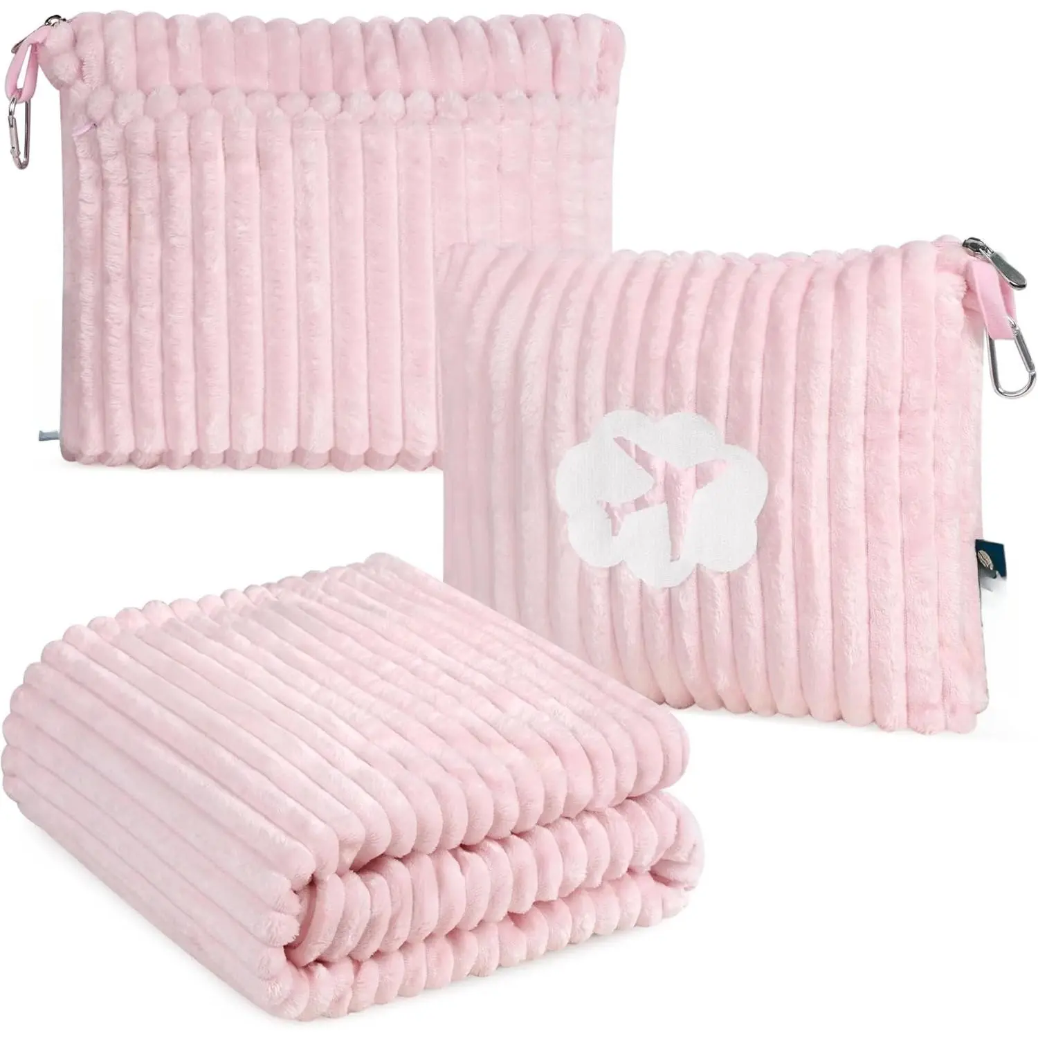 Travel Blanket Pillow, Soft Ribbed Fleece Airplane Blanket,  | 65x40, Compact Packable Plane Throw with Bag, Luggage Strap and  Pocket, Cozy Flight Essentials Travelers Camping