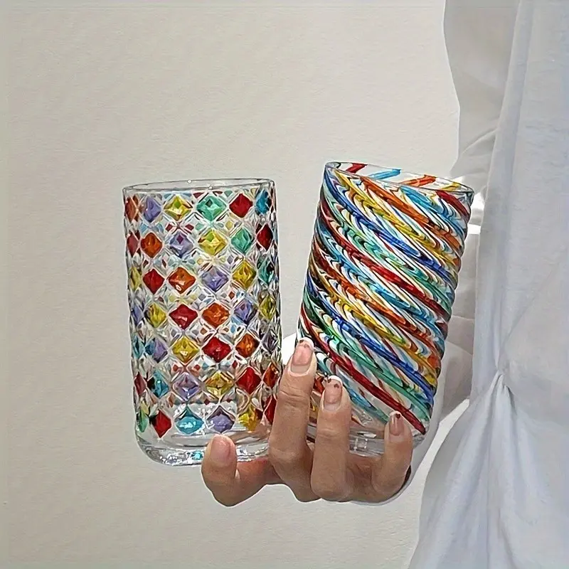 Hand-Painted Glass Cup Drinkware, Rainbow Light Refraction, Vintage Style, Geometric & Spiral Patterns, Ideal for Juicing and Drinking, Perfect Gift