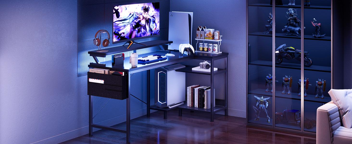 Gaming Desk, Computer Desk with USB Charging Ports, Power Outlets, Type-C and LED Lights, Reversible L Shaped Desk with Storage Shelves & Monitor Stand for Office Gaming Room Black 48IN