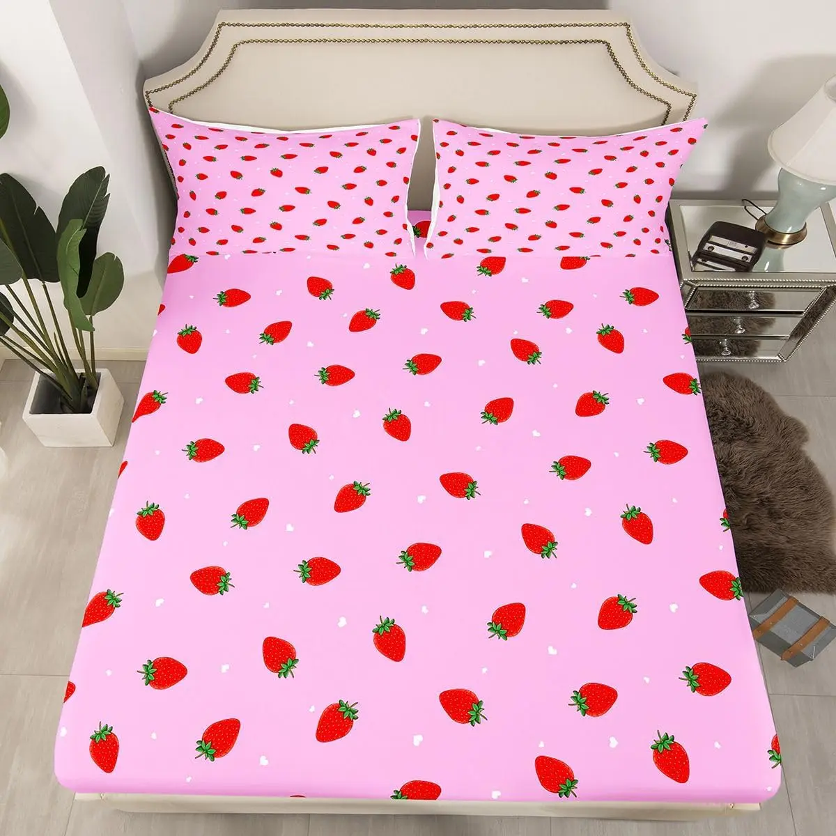 Strawberry Fitted Sheet Bedding, Girls Women Kids Room Decor, Pink Strawberry Print, Soft Microfiber Stripe, Queen Size