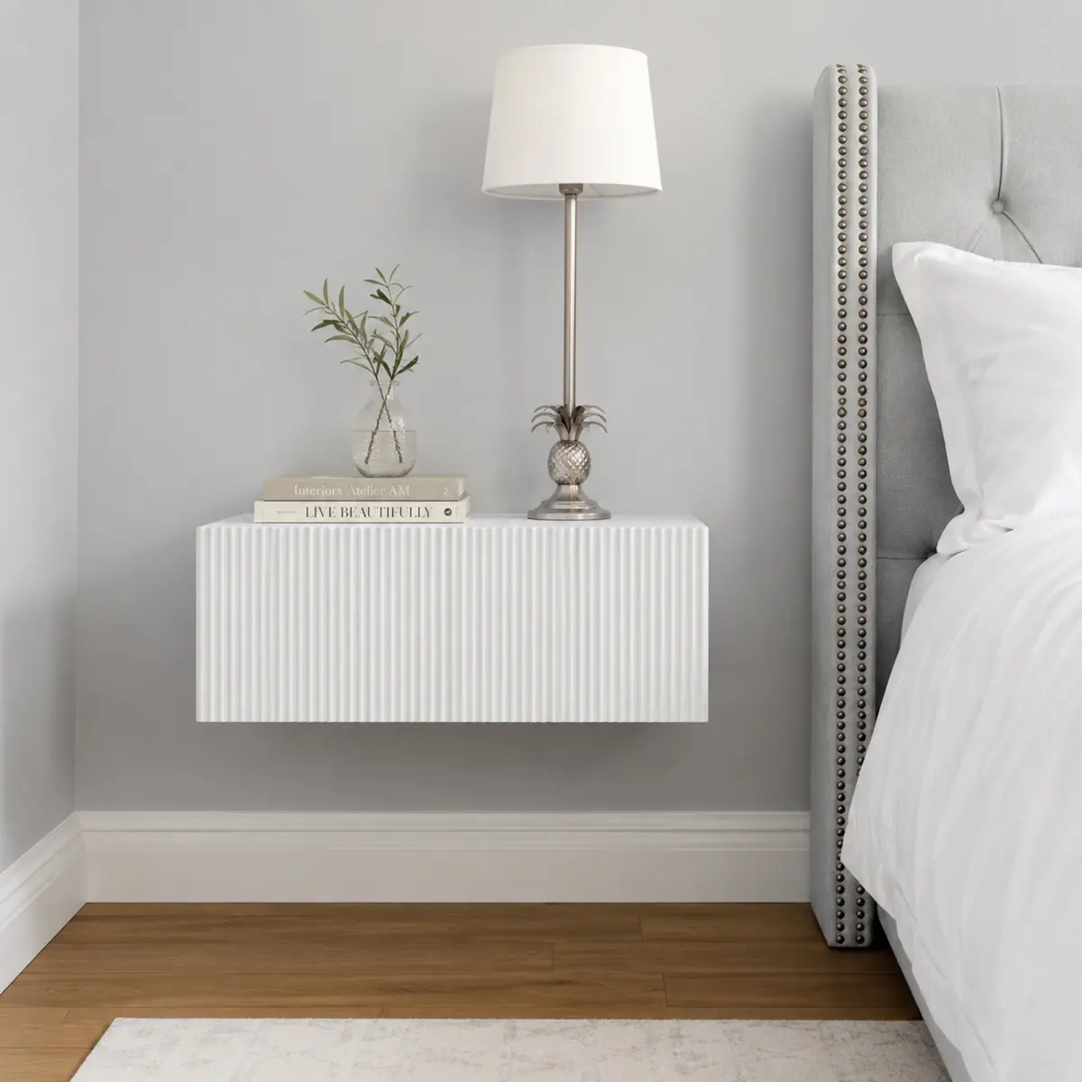 Modern Hand-Crafted Fluted Floating Vanity Table - Minimalist Wall-Mount Makeup Cabinet with Shelves for Bedroom, Dressing Room Decor, Indoor Furniture Floating Shelf