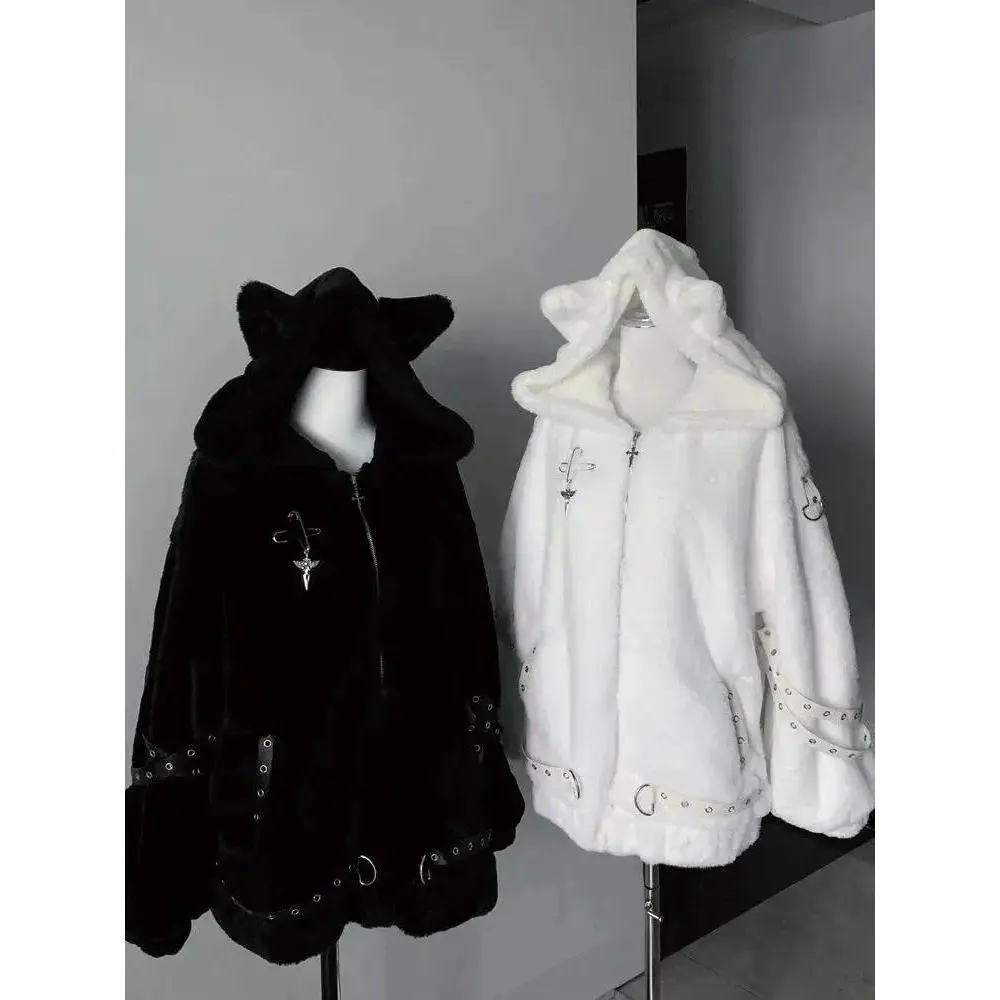 Japanese Kawaii Coat Long Sleeve Women Casual Solid Color Cat Ears Harajuku Sweatshirt Sweet Zipper Hoodie Autumn Winter Tops