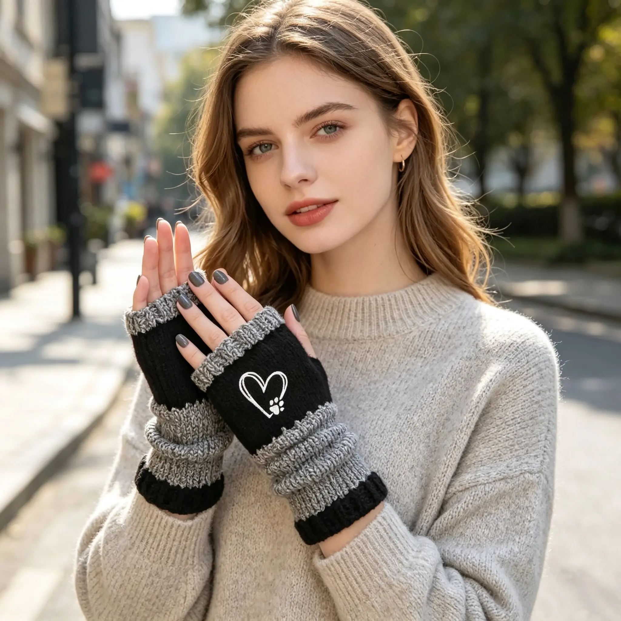 Women's Winter Touchscreen Gloves, Vintage Warm Fashion Fingerless Gloves, Heart & Claw Embroidery Design