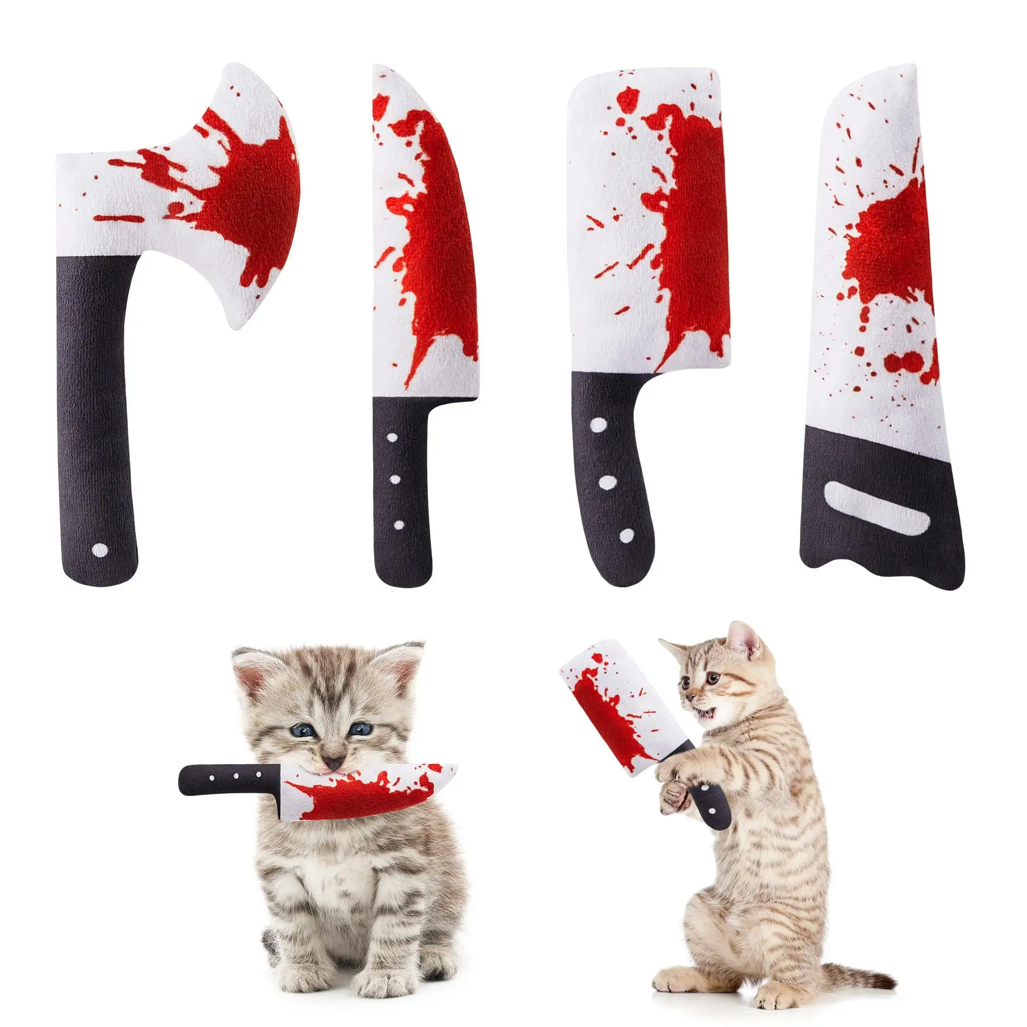 Potaroma Halloween Horror Knife-Shaped Cat Toys - 4-Pack 6.5in Crinkly Bite Resistant Fabric Supplies, Dual Stimulation Natural Silvervine Flavor Kitten Chew Toys, Indoor Physical Exercise Accessories for All Cat Breeds, Halloween Decor, Alleviates Boredo
