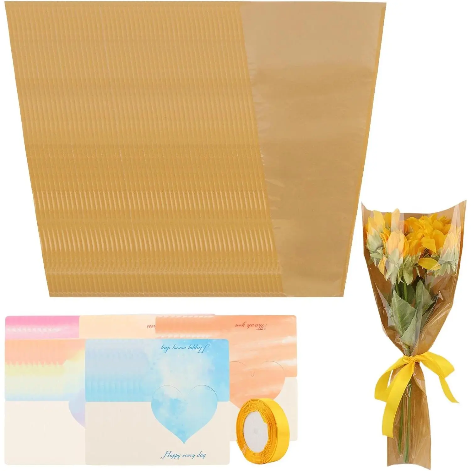 50 count Flower Bags for Bouquets, Floral Wrapping Paper with Ribbons Florist Wrap Supplies for Mother's Day Valentines Teacher Graduation Birthday , 9.8x3.9x17.9 Inch (primary colors)