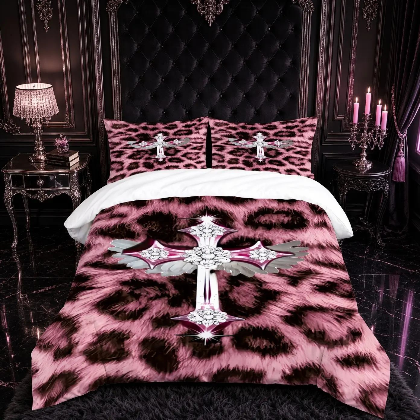 2/3‑Piece Duvet Cover Set, Pink Leopard Print Rhinestone Cross Y2K Sweet‑Cool Gothic Bedding, Digital Printed, 1 Duvet Cover + 1/2 Pillowcases, No Inserts, Ideal for Alt‑Girls Bedroom & Dorm Decor, Perfect Gift Choice, Patterned Bedding Set
