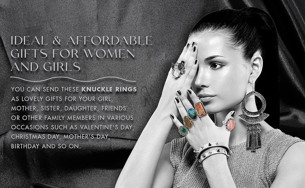 Women's Chunky Silver Rings Pack - 10 Pcs Stackable Fashion Ring Set, Silver Plated Statement Knuckle Handmade Gemstone Gothic Vintage Rings