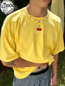 Unisex 100% Cotton Bright Yellow Oversized Relaxed Fit Streetwear Street Style T-Shirt with Mini Cherry & "cherry berries" Text Print American Summer Fresh Casual Top