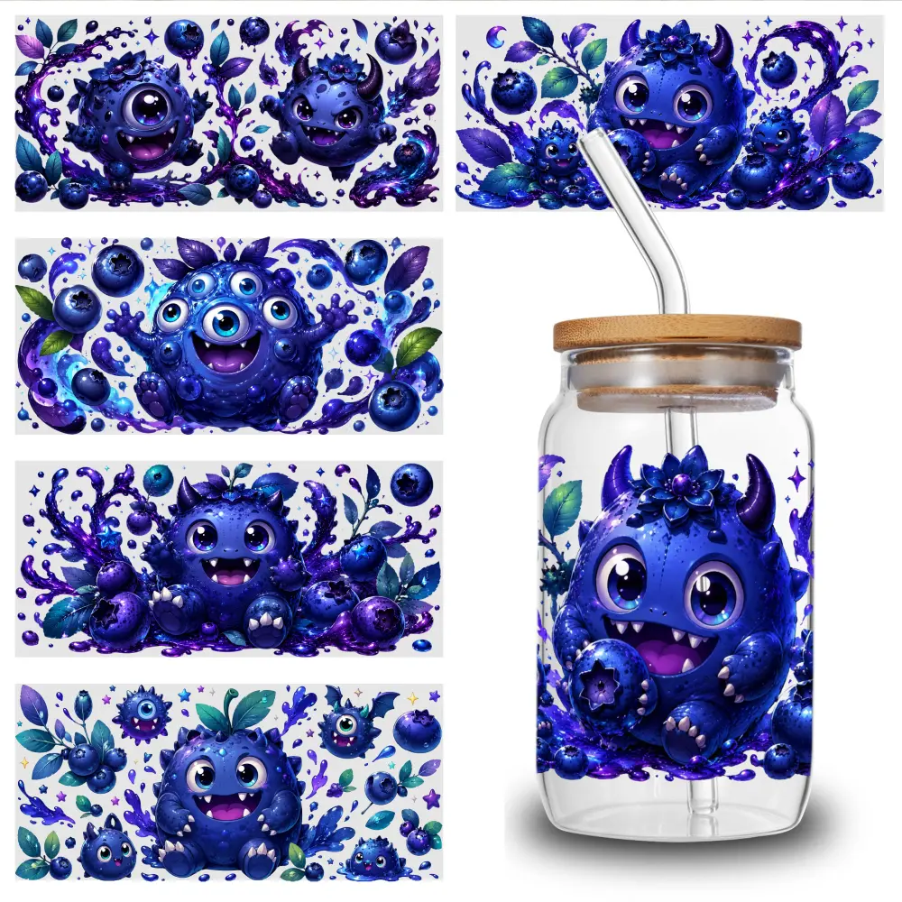 5 Sheets Blue Monster UV DTF Stickers UV DTF Transfer Suitable for Mugs, Glass Jars, Coffee Cups - Sparkling Wraps, Application, for DIY Crafts, Parties, Weddings, Birthdays (No Substrate Limitations)