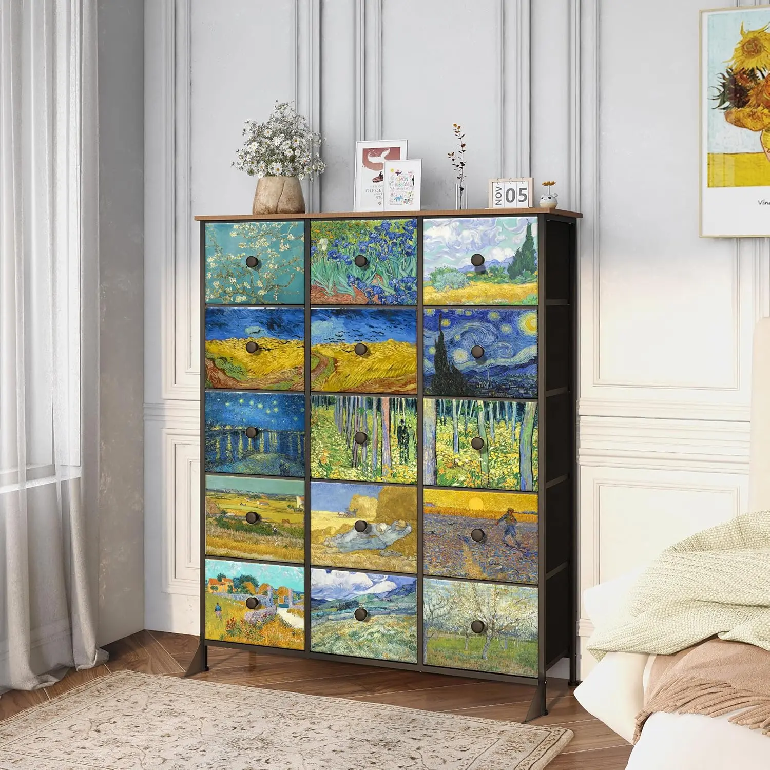 Large Chest of Drawers 15 Drawer Dresser Van Gogh Tall Fabric Dresser for Bedroom Living Room Entryway Closet with Sturdy Metal Frame and Wooden Top