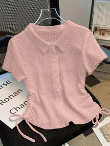 Fashion Knit Elastic Drawstring Blouse Shirt, Comfortable and Stylish Top, Perfect for Daily Wear, Versatile and Trendy Clothing Option