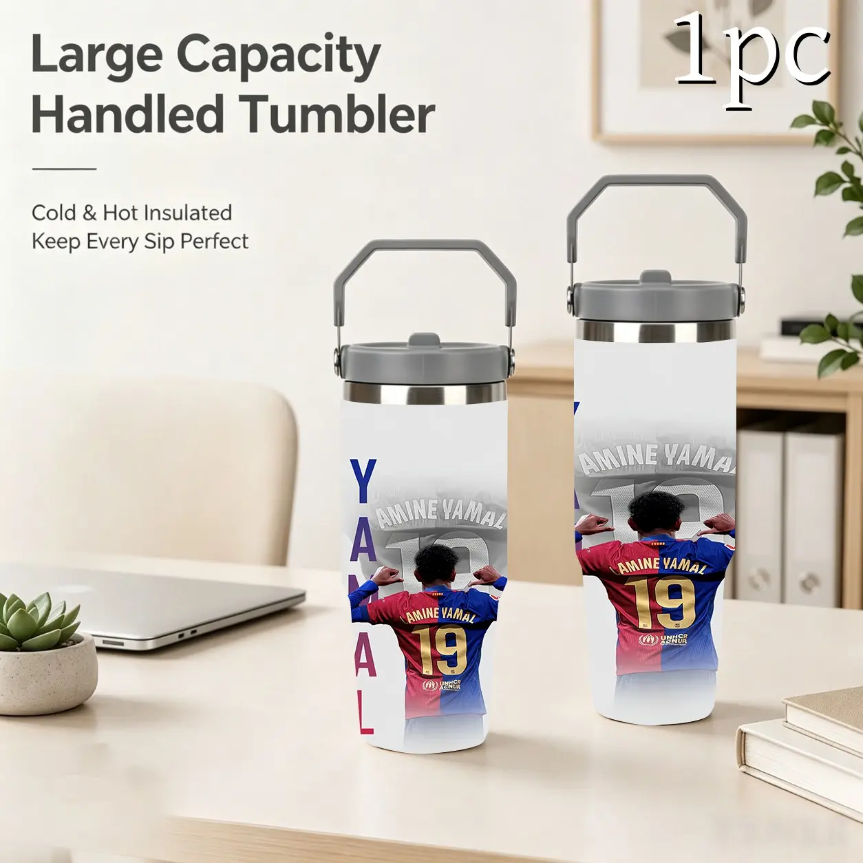 1pc 30oz Large Capacity Insulated Cup with Foldable Handle,Double-Wall Vacuum Stainless Steel Water Bottle.19th Lamine Yamal blue-white print, leakproof design,Ideal personalized gift for football fans, perfect for sports lovers,daily commut