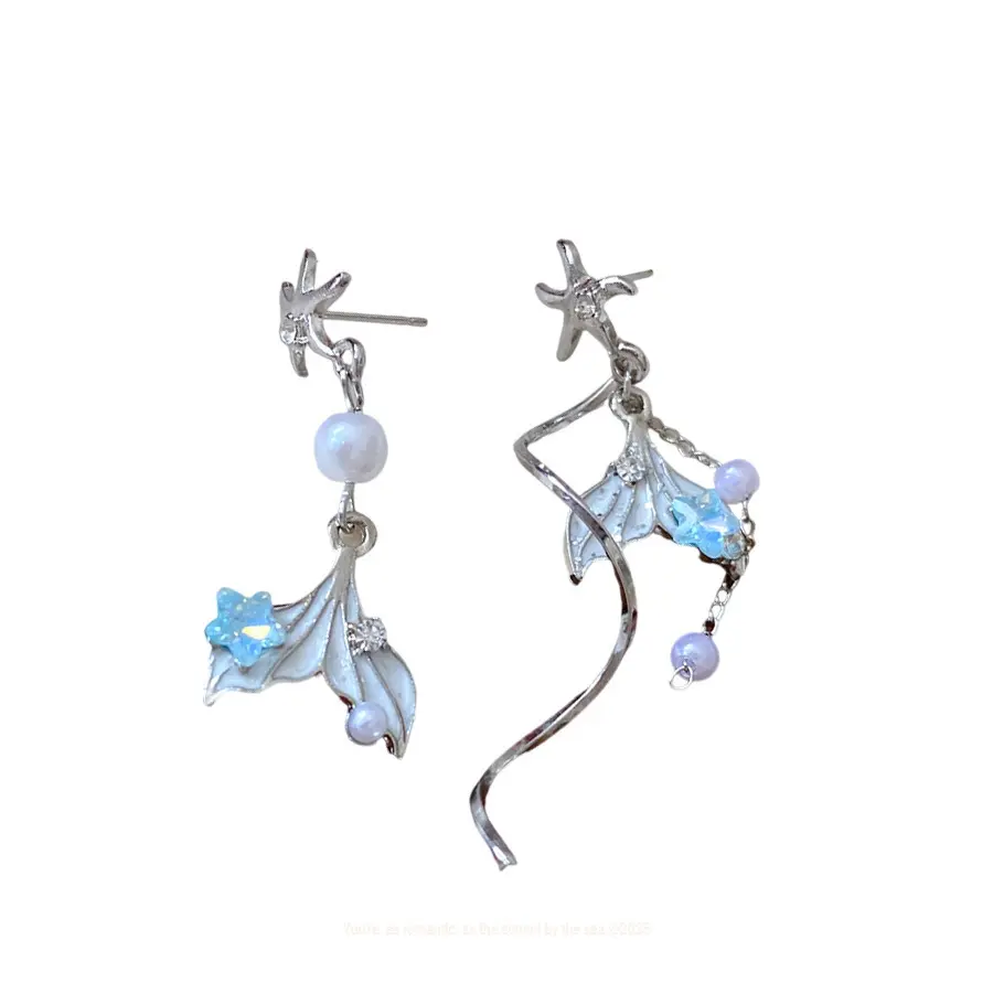 S925 Silver Stud Earrings for Women, Asymmetric Retro Look Jewelry with Starfish & Fishtail Designs, Pearl Accents for Engagement Wear, Female Jewelry, Starfish Shape