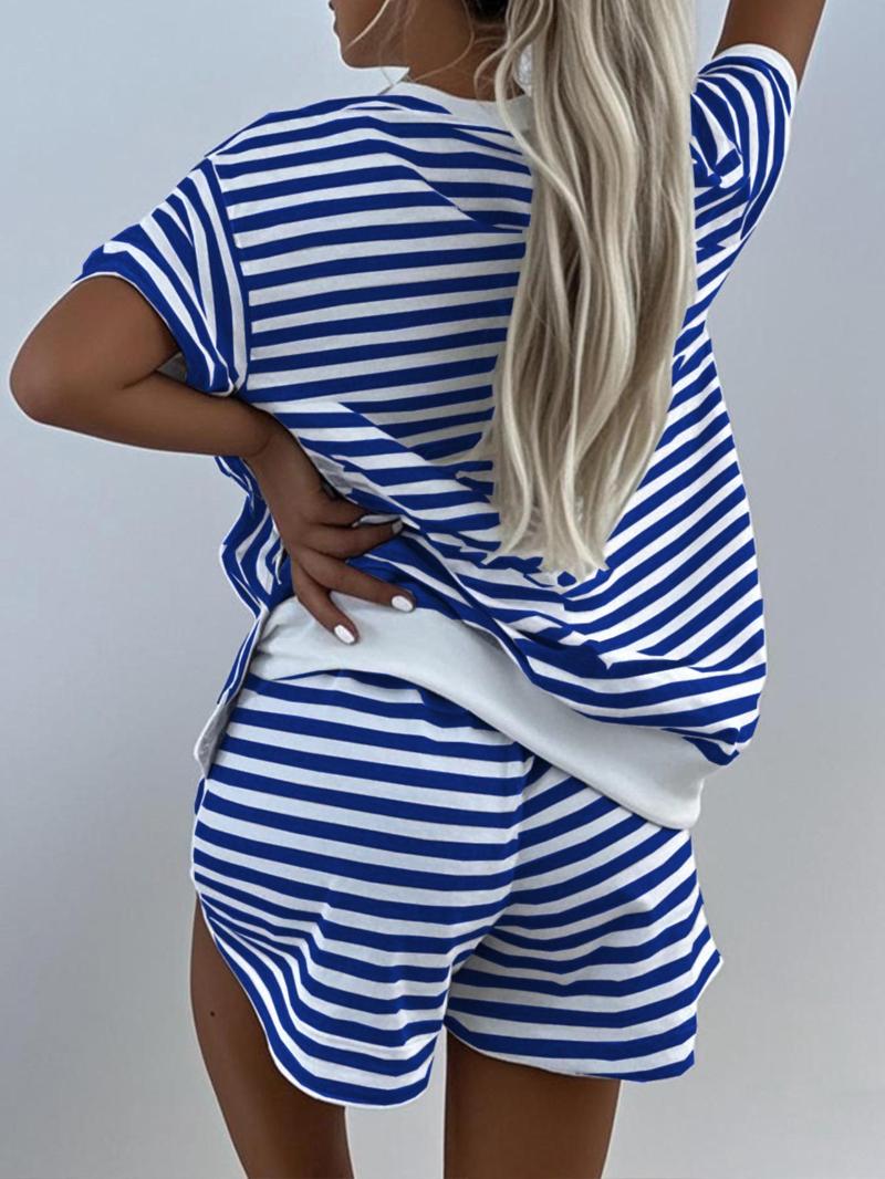 Women's Striped Print V Neck Tee & Shorts Loungewear Set, Casual Comfy Short Sleeve T-shirt & Shorts Set, Ladies Sleepwear for Summer Pajama Set