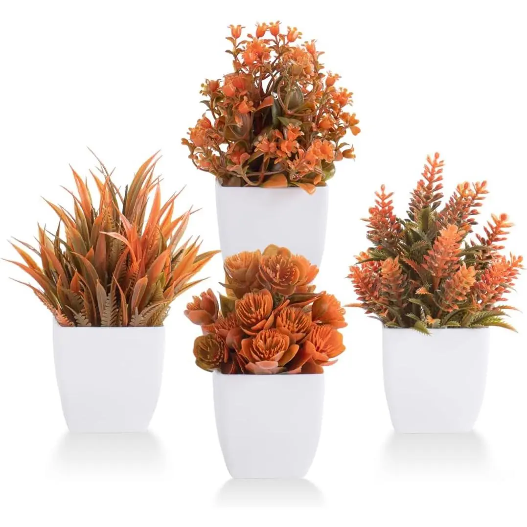 4 Pack Small Artificial Autumn Maple Color Eucalyptus Potted Plants | Indoor Decor for Home, Office, Bathroom, Bedroom & Farmhouse