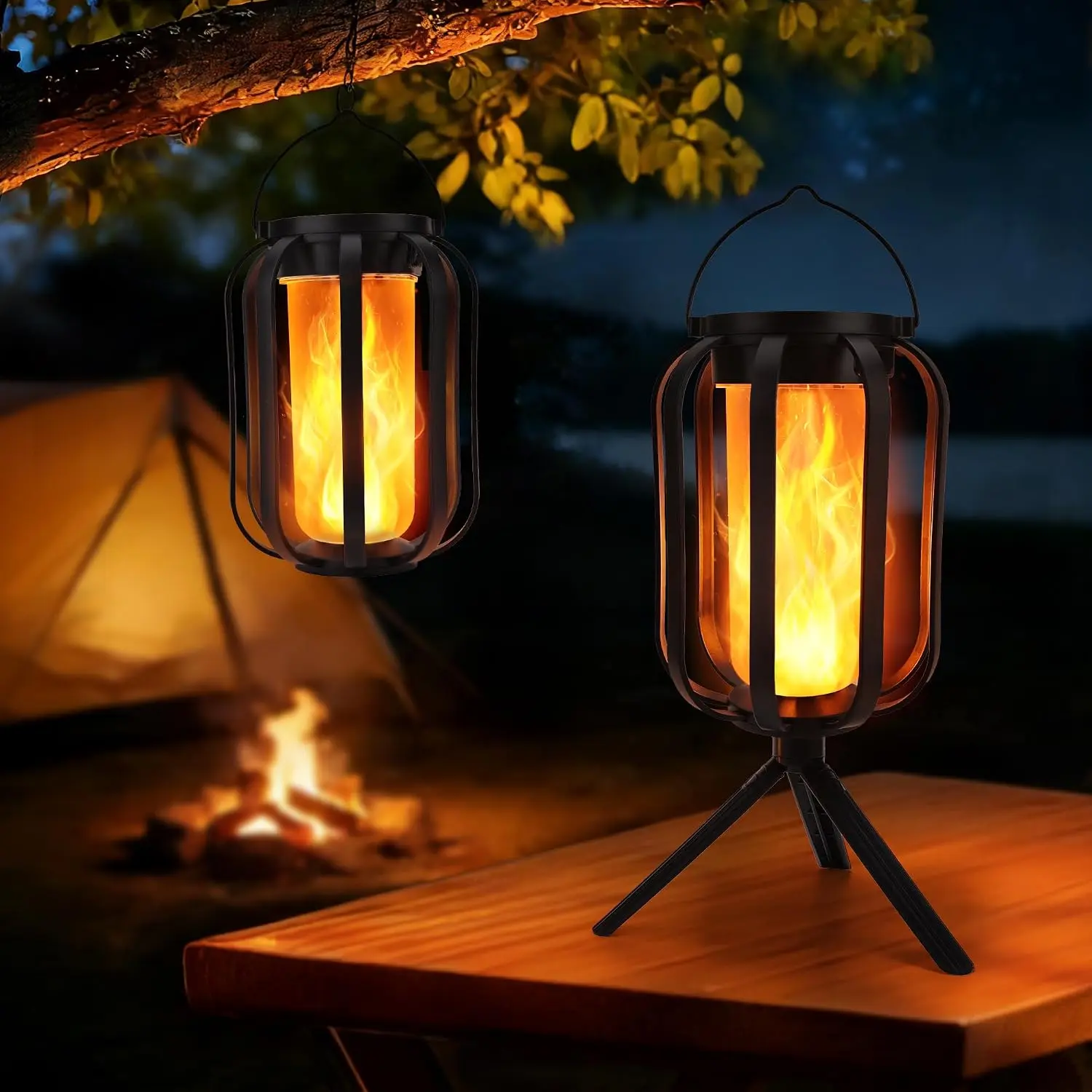 Toodour Solar & Battery Powered Lantern Outdoor Lights, 2 Pack Black LED Lantern with 4 Modes, Waterproof Rechargeable Hanging Solar Lights for Camping Patio Garden Yard Outdoor Decor