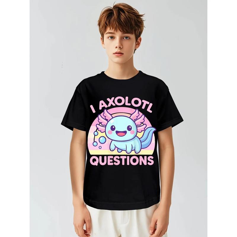 Girls' Funny Cute Axolotl Graphic T-Shirt - "I Axolotl Questions" Slogan with Pink Lettering & Mexican Walking Fish Design, Soft Round Neck Short Sleeve Casual Summer Top for Casual Attire, Playdates & Themed Events - Breathable Comfortable 'pparel