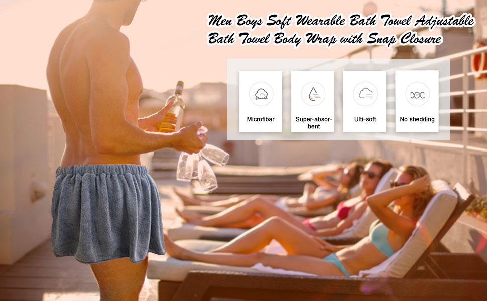 Men Boys Soft Wearable Bath Towel Short Pants Adjustable Mircofiber Towel Pool Beach Spa Bathing Shower Cover Up Wrap Around Towel (Grey)