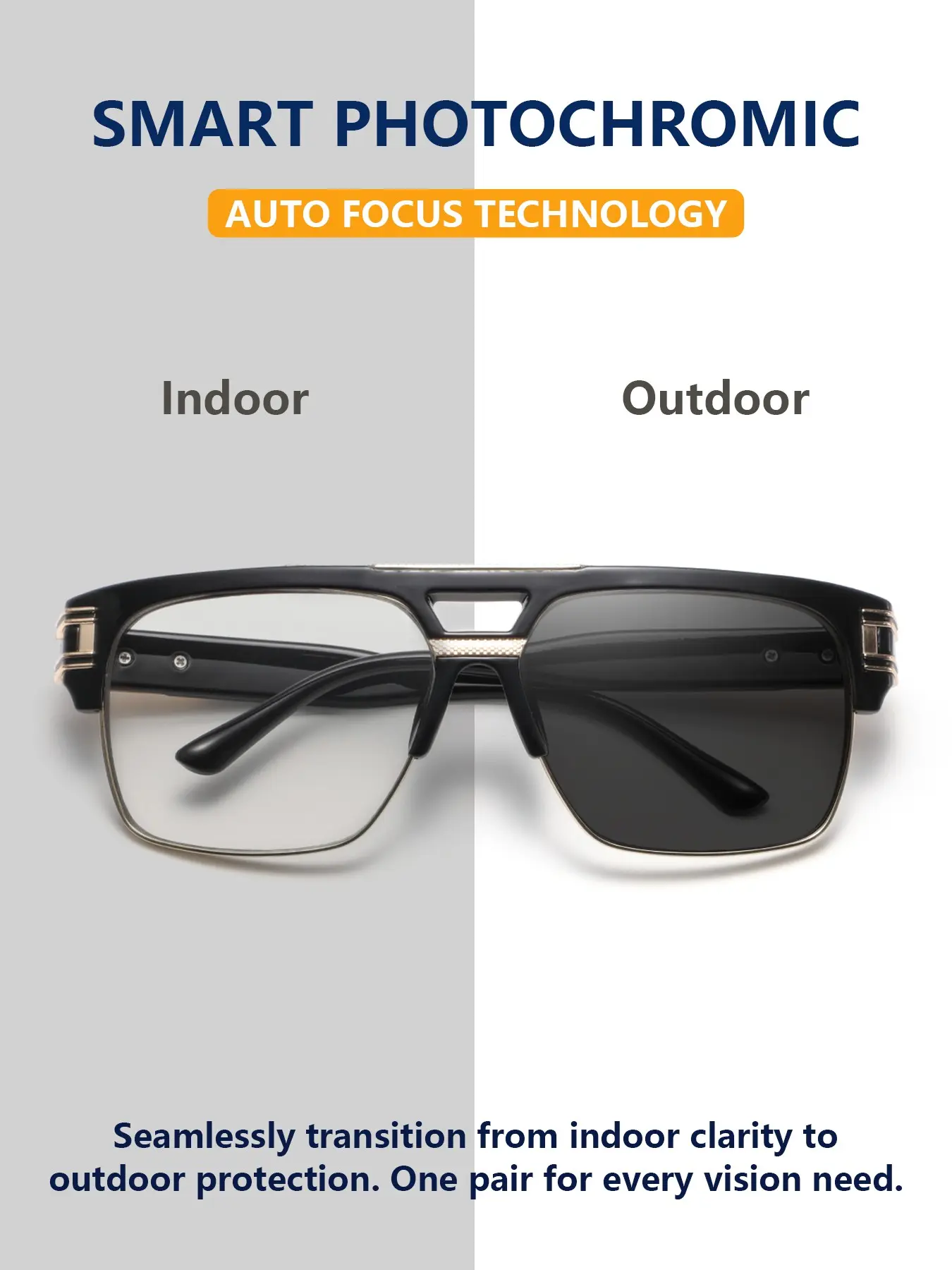 Metal Plastic Frame Photochromic Glasses, Elegant Lightweight Business Style, All Seasons Fashion Eyewear, Semi Rimless Design, Fashionable Frames Glasses