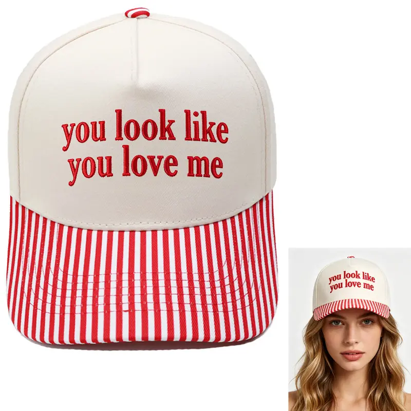 Viral Sassy Graphic Cap You Look Like You Love Me Cream Red White Stripe Brim Baseball Hat Y2K Aesthetic Streetwear Baddie Vibe Gift