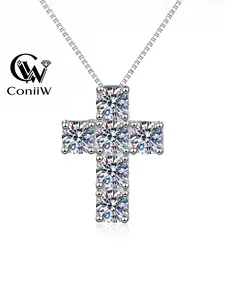 Moissanite Cross Necklace for Men and Women, Fashionable and Simple Couple Jewelry, Silver Color Chain, Christmas Gift Idea