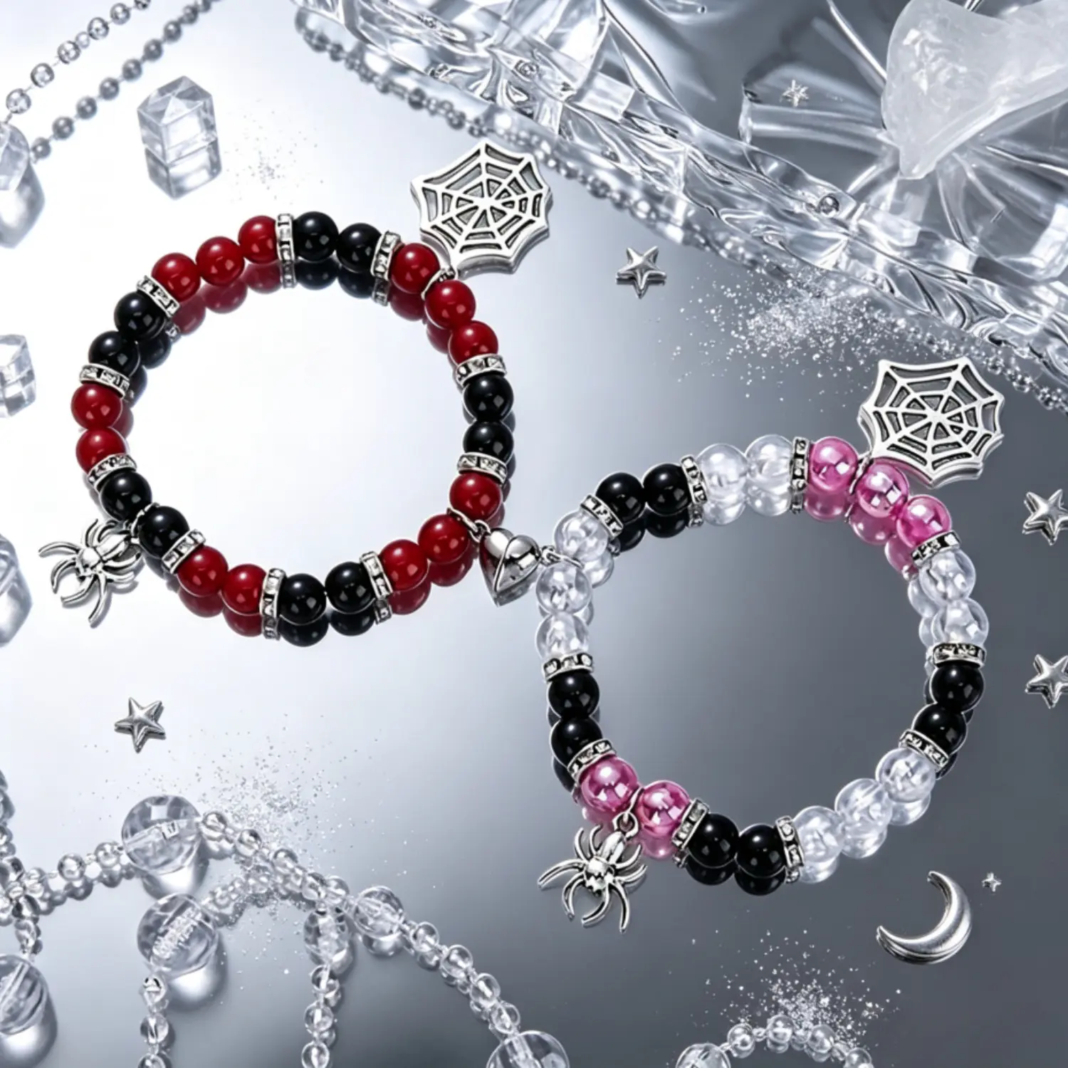 Y2K Punk Spider Web Charm Bracelet, Black Red Pink Beaded Stretch Bracelet Set, Gothic Halloween Jewelry Gift for Girls